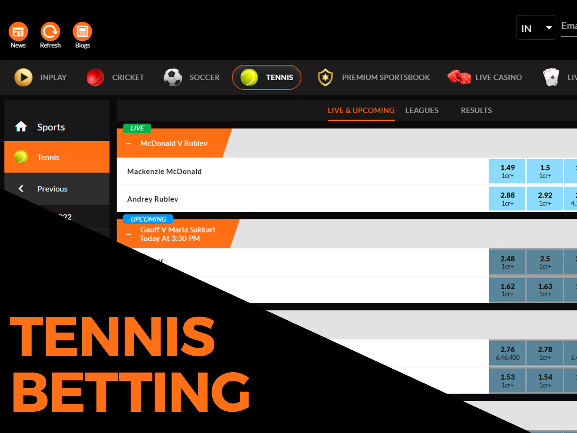 Fairplay offers a lot of markets on tennis betting.